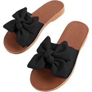 Women's Bow Knot Open Toe Leather Flat Slides Slippers Shoes Black